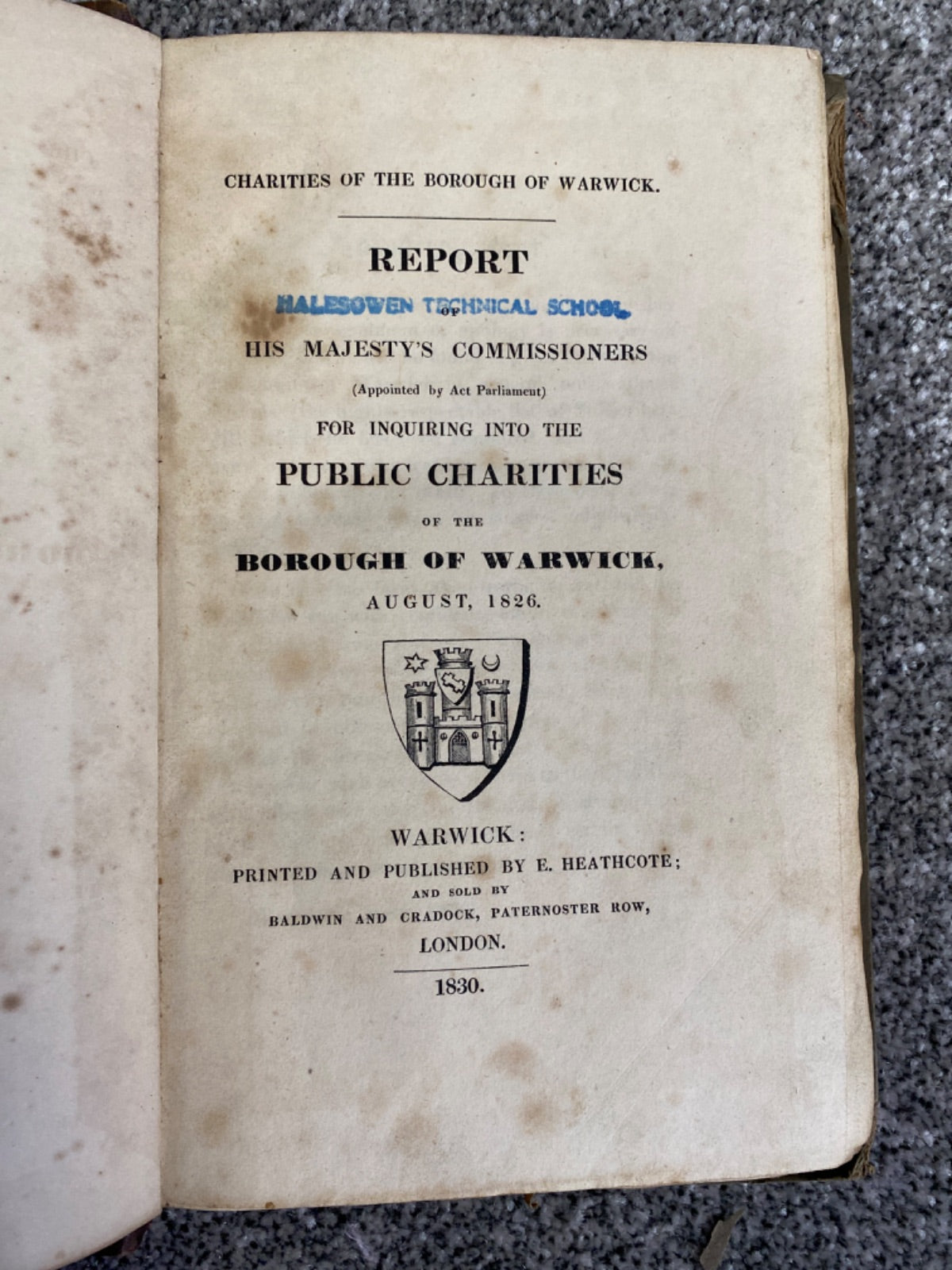 Report of His Majesty's Commissioners for Inquiring into the Public Charities of the Borough of Warwick